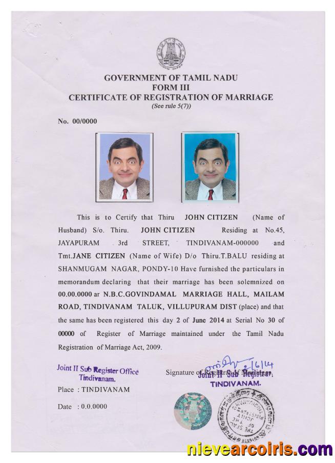 INDIA (TAMIL NADU) marriage certificate